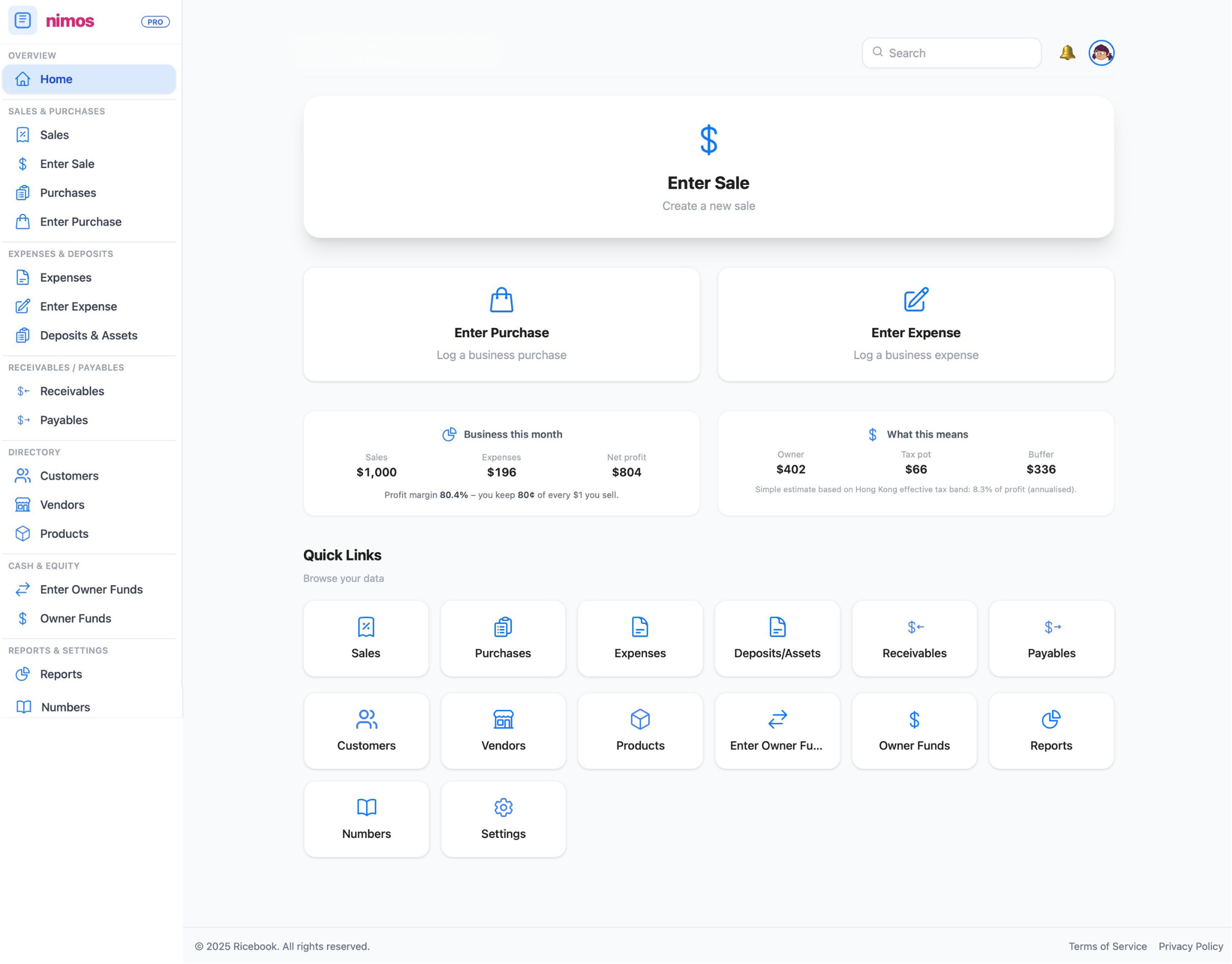 Nimos dashboard with sidebar